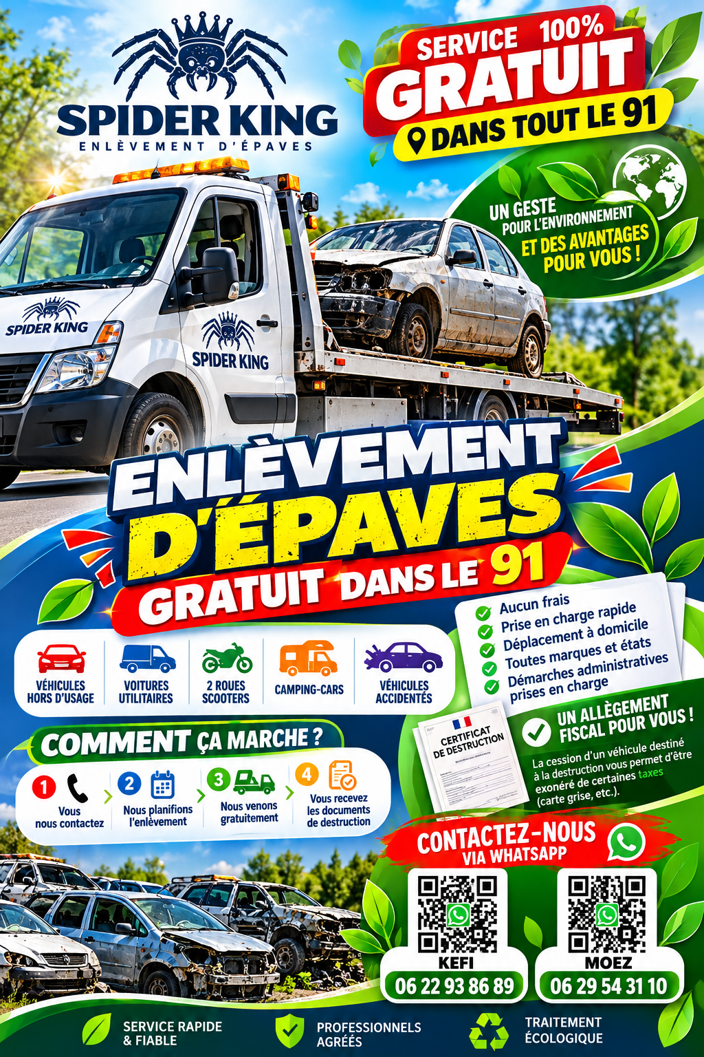 SPIDER KING : service 100 % gratuit dans tout le 91, avec camion et véhicule à enlever
